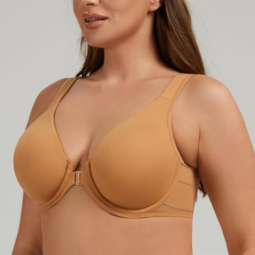 MELENECA Damen Vorderverschluss BH mit Haltungskorrektur BH Große Brüste Starker Halt mit Bügel Taupe 75D
