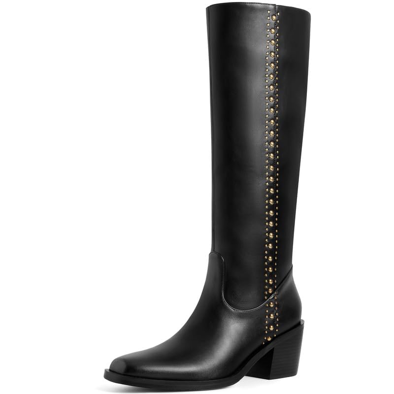 Womens Knee High Boots Chunky Square Toe Block Heel with Side Zipper Studded Metallic Rivets Riding Boots Fashion