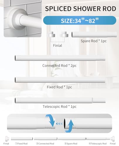 Image of White Shower Curtain Rod 34-82 Inches(2.8-6.8ft) Adjustable Shower Rod No Drilling Non-slip Never Rust Shower Tension Rod for Bathroom Bedroom Windows Outdoor Garden