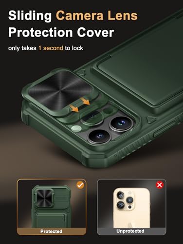 Image of Vihibii for iPhone 14 Pro Max Back Cover with Card Holder (4 Cards) [RFID Blocking] & Slide Camera Cover, Military Grade Drop Protection, Rugged Hard Back & Silicone Edge Wallet Phone Case 6.7 inch, Green