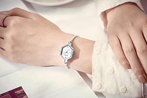 Rose Gold Petite Bracelet Watch For Women Girl, Diamond Dress Analog Hexagonal Mini Women Watch Waterproof (Steel Shell - White - No Nails) #TOP4