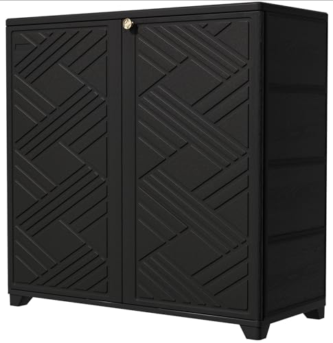 Image of KINYING Outdoor Storage Cabinet Waterproof with 2 Shelves, 60 Gallon Resin Storage Shed for Patio /Garden /Backyard, Outdoor Storage Box for Cushions,Garden Tools and Pool Supplies,Black