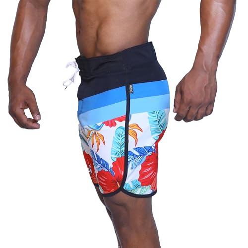 Image of USI Universal 411PA Aloha Physique Board Shorts, Polyester Fitness Shorts, Hook & Loop Fly, Drawstring Closure, Tailored Fit for Thin Waist & Muscular Thighs (in, Alpha, L, White /Red /Blue)