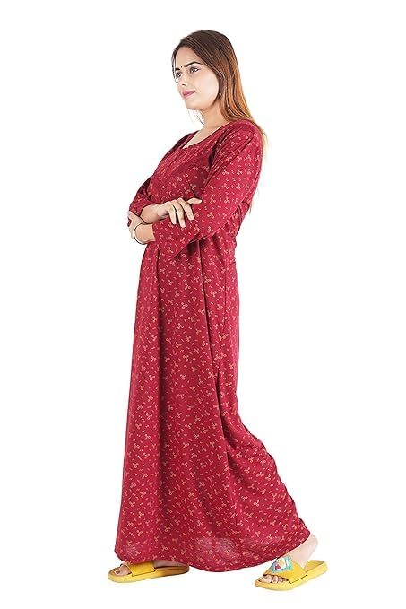 Image of Onekbhalo Women's- Full Sleeves-Feeding- Nursing- Maternity Nighty /Maxi /Gown /Nightdress /Nightwear- Hosiery Cotton Fabric- Floral Print- Embroidery with Zip