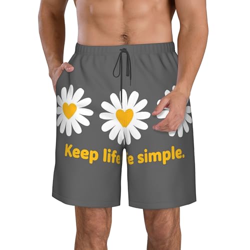 PHJAdq Keep Life Simple Daisy Flower Pattern - Pantalones cortos de playa elásticos para hombre, de secado rápido, Negro, L