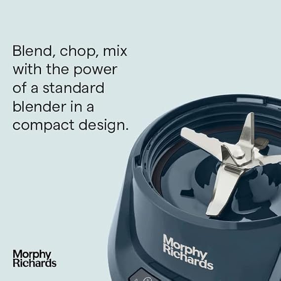 Morphy Richards Compact Personal Blender, 2 x Cups with Lids, Smoothie Maker, 3 Pre-settings, Dishwasher Safe, 1000w, Midnight Blue, 403060