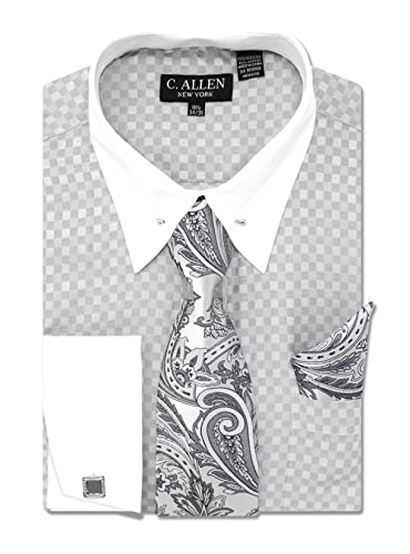Men's Checkerd Pattern Regular Fit French Cuffs Long Sleeve Dress Shirts with Tie Hanky Cufflinks Collar Bar Combo