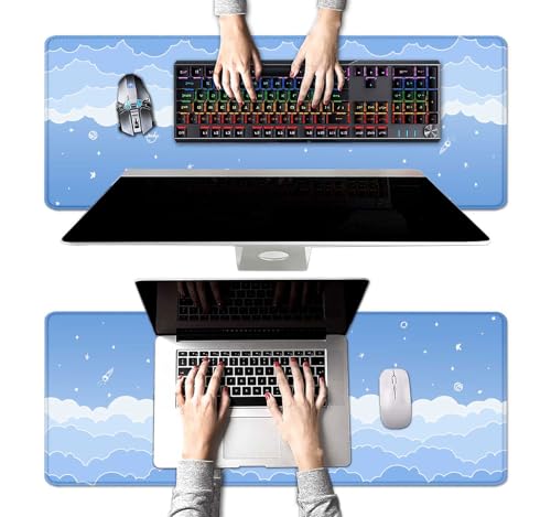 Image of Cute Pastel Blue Desk Mat, Minimalist Large Gaming Mouse Pad Mousepad, Kawaii Anime Gaming Deskmat, Gradient White Clouds Computer Pad, Aesthetic Stars Moon Deskpad, 31.5 X 11.8 Inch