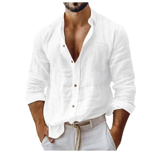 Camisa de hombre de lino de algodón liso, estilo casual, corte ajustado, cuello alto, manga larga, camisa de negocios, Blanco, 3XL