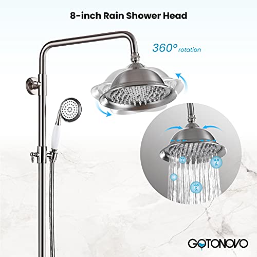 gotonovo Bathroom Exposed Shower Faucet Outdoor Shower System 8 Inch Rainfall Shower Head Set with Tub Spout and Handheld Spray Double Cross Handles Wall Mount without Shower Shelf Brushed Nickel