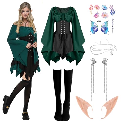 Mittelalter Kleid Damen, Traditionelles Irisches Kleid Gothic Kostüme Damen mit Elfenohren Haarschmuck Ohrclips Socken Renaissancekleid Elfenmädchen...