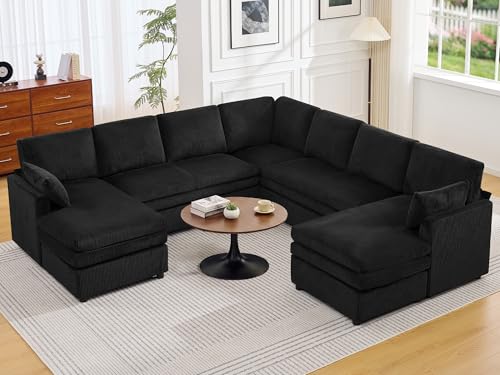 Image of 110 inch Sectional Couches with Double Chaises, Comfy Deep Dual-Layer Cushion Couch, 9 Seater Oversize Couch, Modern Modular Sofa, Corduroy Sofas for Living Room, Apartment, Black