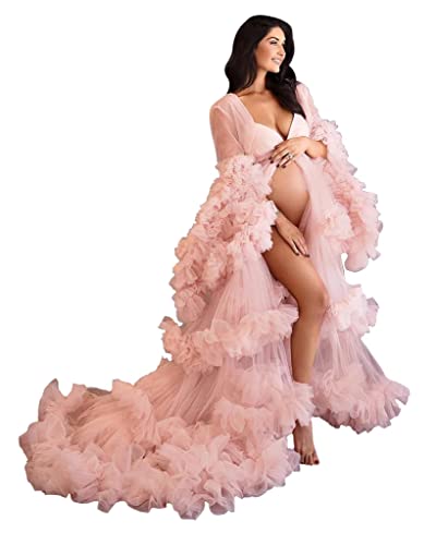 Image of PRESEOSSA Puffy Tulle Robe for Maternity Photoshoot Long Sheer Bridal Robe Baby Shower Dress for Pregnant Women