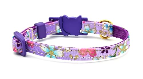 Floral Cat or Kitten Collar - Lavender Floral Print With Metallic Gold Accents - 3/8 Inch Wide - 2 Sizes - Breakaway Safety Buckle - Handmade by Green Acorn Kitchen (Cat - 7.5 to 12 Inches)