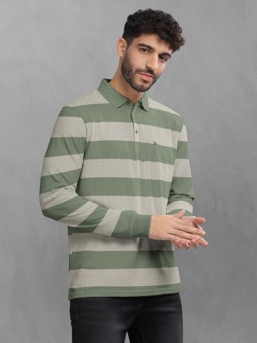 Image of BULLMER Striped Textured Printed Polo Neck Fullsleeve T-Shirt with Rib for Men