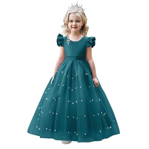 Flower Girl Dress Flying Sleeve Girls Pageant Dresses Pearls Tulle First Communion Dress V-Back Wedding Formal Ball Gown with Bow, Peacock 6