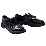 shelikes Girls Back to School Shoes Mary Jane Flat Shoes with Detachable Bow & Black Patent Shiny Ankle Strap