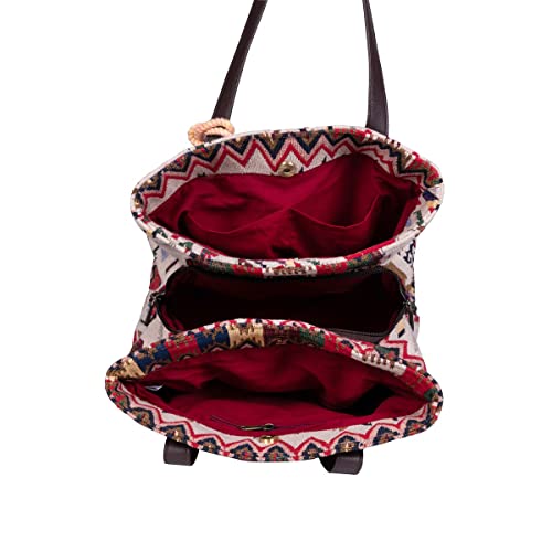 Image of maisha by Esha Stylish Cotton Jacquard Tote Bag for Women - Handcrafted Travel Handbag, Cabin & Overnight Bag | Spacious Multi-Purpose Bag with 3 Compartments