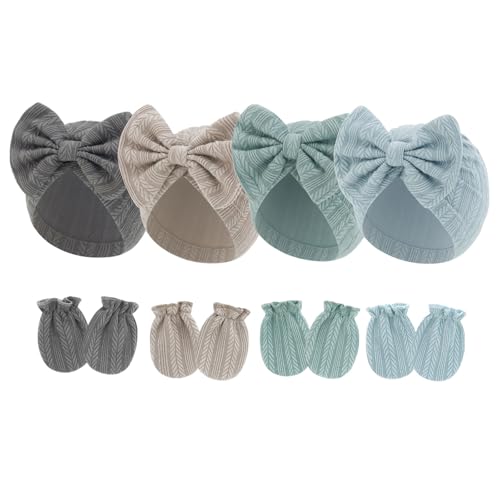 Wdbild Guantes cómodos y gorro de hospital, juego de 4 gorros esenciales para bebés, resistentes a los arañazos, guantes para recién nacidos con sombrero de algodón para bebé, Juego 8, Talla única