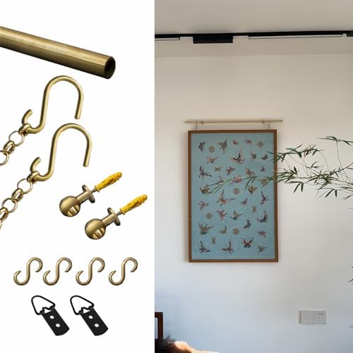 Picture Hanging Track System - Wall Art Display Kit for Home Decor, Includes Mirror Hangers, Complete Rail for Photos & Billboards, Durable Brass Finish, Easy Installation