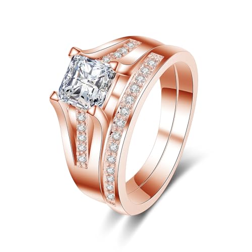 Wedding Bands for Women Two-in-One Princess Cut Cubic Zirconia Wedding Rings 18K White/Rose Gold Plated Engagement Rings Set Size 6-9