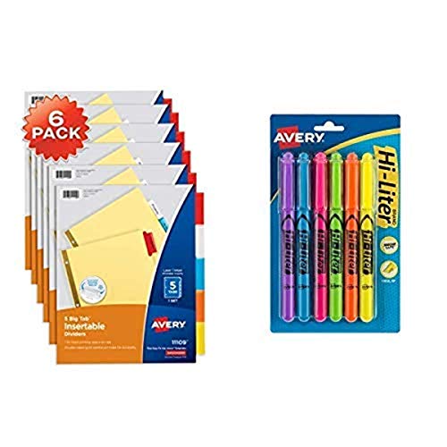 Avery 5-Tab Binder Dividers, Insertable Multicolor Big Tabs, 6 Sets (11109) and Avery Hi-Liter Pen-Style Highlighters, Smear Safe Ink, Chisel Tip, 6 Assorted Color Highlighters (23565)