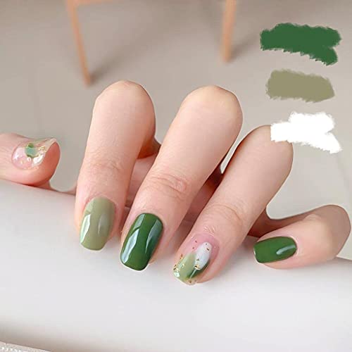 RikView Press on Nails Short Square Nail Tips Summer Acrylic Nails Glossy Fluorescent Green Nails Full Cover Stick on Nails 24PCs/Set