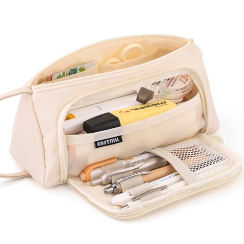 Image of EASTHILL Pencil Case Large Capacity Pencil Pouch School Suppies Pen Case Stationery College Office Organizer for Girls Adults-Cream