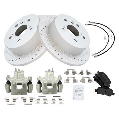 Image of TRQ Performance Rear Brake Pad and Rotor Set Semi Metallic Slotted Drilled Calipers Compatible with 2006-2007 Toyota Avalon 2006-2008 Solara