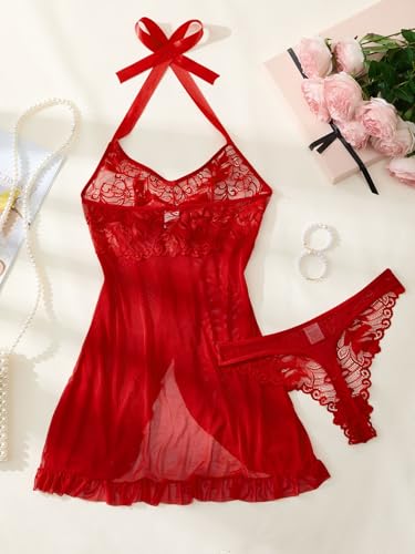Image of Foxiny Sexy Halter Open Front Ruffle Sheer Mesh Lace Babydoll Lingerie Dress with Thong 2 Piece