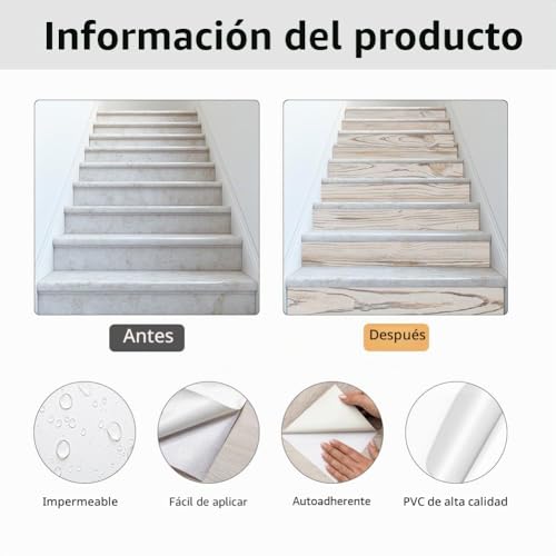 Vinilo autoadhesivo para escaleras PLIGREAT, 15 tiras extraíbles imitación madera de 18 x 100 cm 6