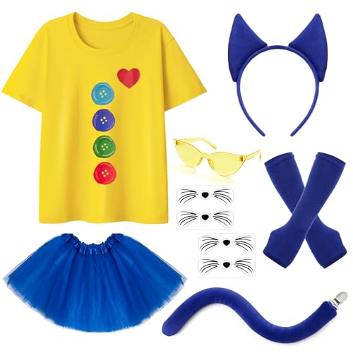 Blue Cat Costume Accessories Cat Ears Headband & Tail Buttons Print T-Shirt Tutu Yellow Glasses Arm Sleeves & Whiskers Temporary Tattoos School Book Costume for Read Across America Ages 5-7