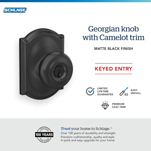Image of SCHLAGE F51A GEO 622 CAM Georgian Knob with Camelot Trim Keyed Entry Lock, Matte Black