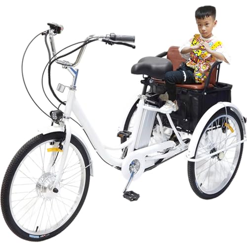 Triciclo eléctrico para Adultos: Motor de 350 W, neumáticos de 24”, batería extraíble, Carga máxima de 150 kg, Ideal para Compras y picnics, con Cesta y Asiento para niños.