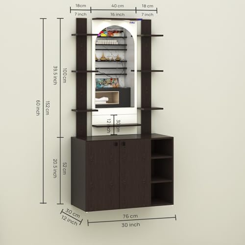 Image of Anikaa Venza Engineered Wood Dressing Table with Wall Mounted Mirror & LED Lights Open Shelf | Makeup Vanity Storage Cabinet with Soft Closed Hinge Door for Bedroom -(Wenge /White) DIY Installation