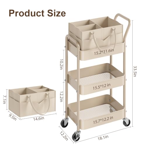 Image of Baby Diaper Caddy Organizer Cart with Detachable Dividers, 3 Tier Metal Bedside Storage Rolling Cart with Wheels for Nursery, Postpartum Cart and Organizers for Newborn Essentials & Supplies (Oatmeal)