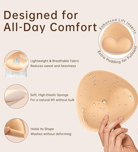 Image of Adamotto Waterproof Bathing Suit Inserts 4 Pairs Push Up Heart Bra Pads Inserts Removable for Swimsuits Sport Bikini