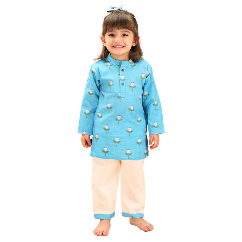 Pretty Flower Kurta Set for Kids | Premium Cotton Fabric | Stylish Printed Design | Button Fly Closure | Mandarin Neckline | Perfect for Festivals and Everyday Wear