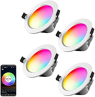 LED Recessed Ceiling Light 9W Dimmable Downlight 700LM RGB+Warm White+Cool White 2700K-6500K, Downlights for Ceiling, Bluetooth Spotlight for Living Room, Bedroom, Shop, KTV, Bars(4 Pack)