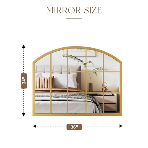Image of Uniclinens Window Arched Wall Mirror - Gold Window Pane Mirror Decor with Metal Frame, Farmhouse Ideal Decor for Entryway, Bedroom, Living Room, Bathroom 32 inchX24 inch