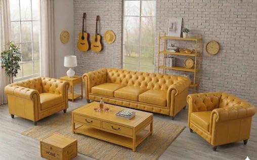 Image of Modern Classic Design Leatherette Luxury Chester Sofa Set with Button Tufted, Sofa for Living Room Home, Office and Lobby (Yellow, 3+1+1=5 Seater Sofa)