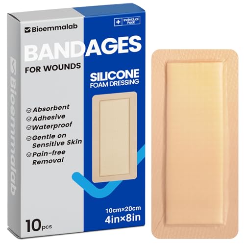 Image of Large Waterproof Bandages 4x8 Silicone Foam Dressing Sensitive Skin, 10 PCS | Bioemmalab Wound Dressing, Adhesive Cohesive Pad with Border, First Aid, Post Surgical and Burn, Pressure, Scar Healing