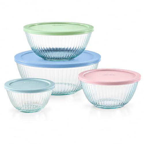 Image of Pyrex Ribbed Glass Mixing Bowl Set with Pastel Lids, 8 Piece Nesting Set