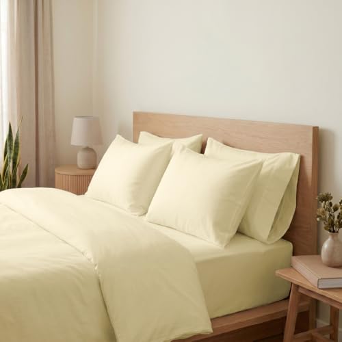 Image of Blue Dahlia 100% Cotton, King Size /Double, Elastic Fitted Bedsheet (72 inchx78 inch) + 2 Pillow Covers, Percale Weave, Fits Upto 10 inch Mattress, 200TC Solid Premium Bedsheet, Colour: Yellow