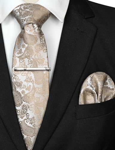Image of JEMYGINS Mens Solid Color Paisley Necktie and Pocket Square with Tie Clip Sets