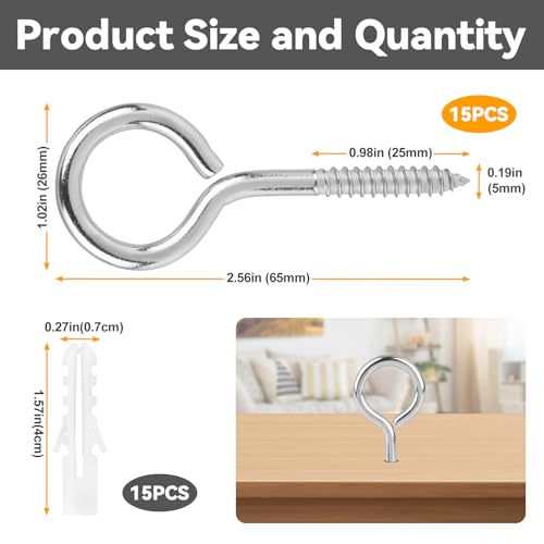 Kayqbonke 15 Stück M5 x 65mm Ösenschrauben Edelstahl, Heavy Duty 304 Schraubösen, Selbstschneidend Ringschrauben, Nägel Ösen Schraube für DIY Kork Handwerk Hängende Holzrahmen