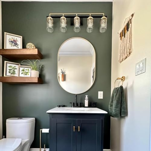 Image of Asymmetric Oval Wall Mirror with Durable Wooden Frame - 24 inchx16 inch (Golden) | Modern Decorative Wall Hanging Mirror for Bathroom, Basin, Living Room, Hostel Room & Dressing Table.
