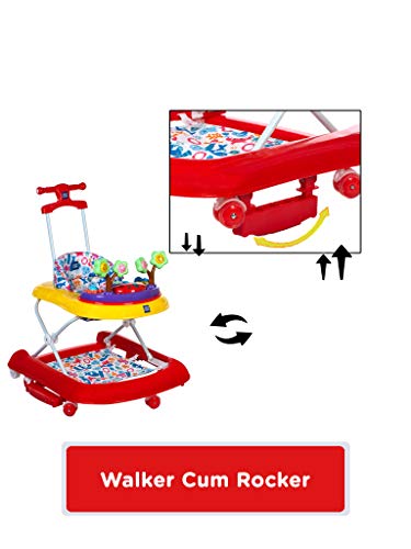 Image of Mee Mee Premium 3-in-1 Baby Walker with Rocker & Push Handle | 3-Level Height Adjustable, Musical Tray, Foot Mat, 360 Wheels, Cushioned Seat | for Babies 6-18 Months Up to 15kg (Red)
