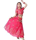 Bollywood-Mädchen-Bauchrock-Outfits Kostüm 5-teiliges Set indisches Kinder-Fantasie-Tanzkleid Glänzendes Party-Kostüm-Karnevals-Outfit,Rosa,XL
