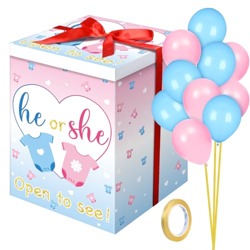 Hungdao Gender Reveal Balloon Box with Ribbon and 10 Pink and Blue Balloons Gender Reveal Games He or She Open to See for Party Decoration 12x12x16(Cloth)